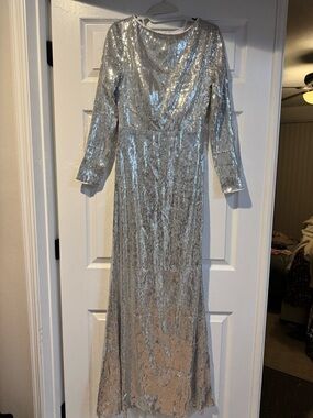 Silver Sequin Long Sleeve Formal Gown